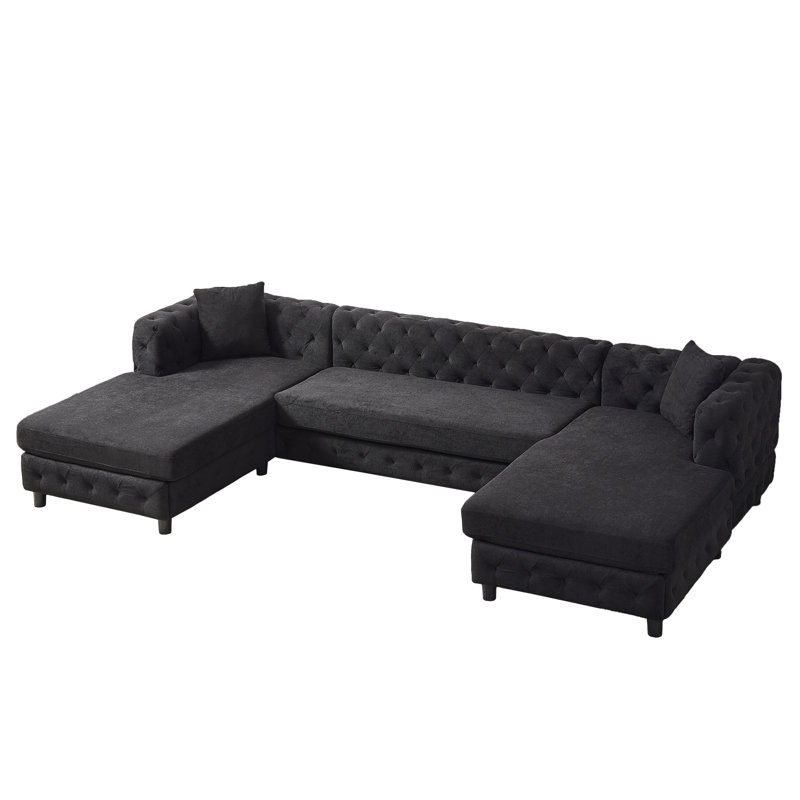 Canapé en chenille trois pièces de style moderne avec deux coussins et pieds en plastique, Chenille noir