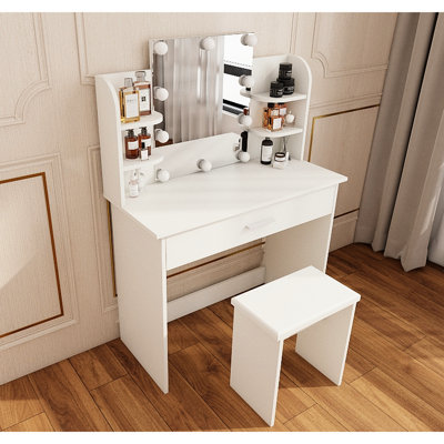 One Drawer Adjustable Mirror Vanity Table, Storage For Cosmetic Brushes, Comfortable Seating, Sleek Design, Ancient White Finish, Particle Board + , 34.49 In Depth Dresser Drawer, Open Shelves, 67.51