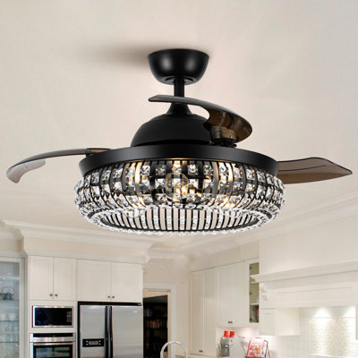 Harney 42" 3 - Blade Retractable Blades Crystal Ceiling Fan with Remote Control and Light Kit Included