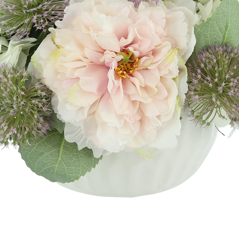 Peonies with Hydrangeas and Thistle in Ceramic Vase