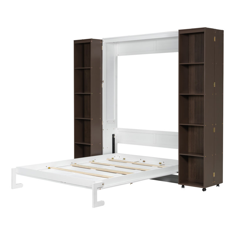 Lit escamotable avec bibliothèque pliable Murphy, Blanc / Espresso