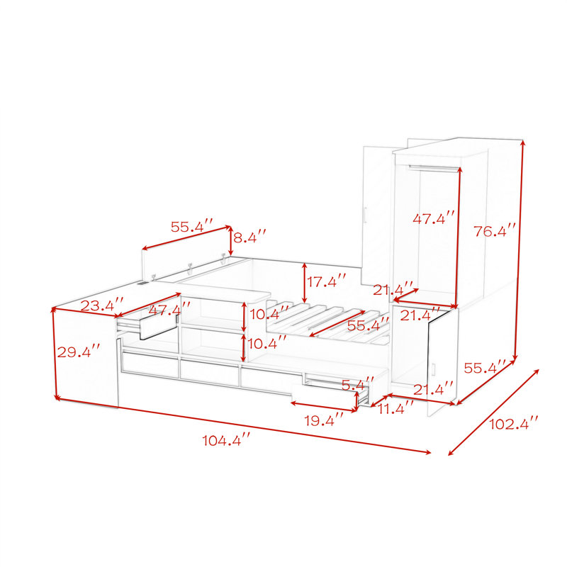 Lit plateforme double avec tiroirs, tablettes, bureau et garde-robe, Naturel