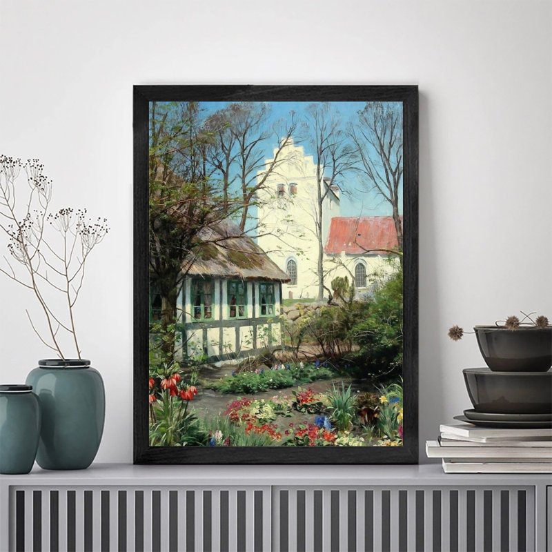 Impression murale de qualité supérieure avec cadre en bois noir maison milieu jardin élégant décoration murale pour les intérieurs contemporains