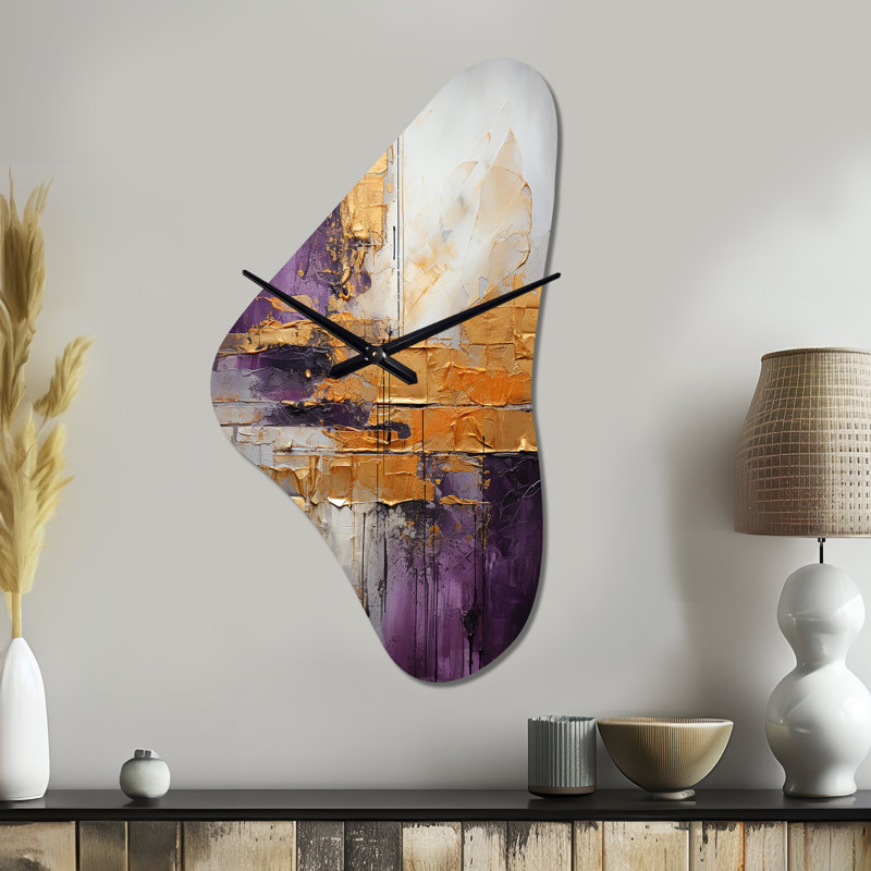 Horloge murale 3D or et mauve à motif abstrait fractal III - Boomerang, Grand