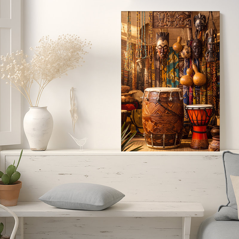 Tambour en bois sculpté et djembé avec masques et perles suspendus, art mural, 18"H x 12"W