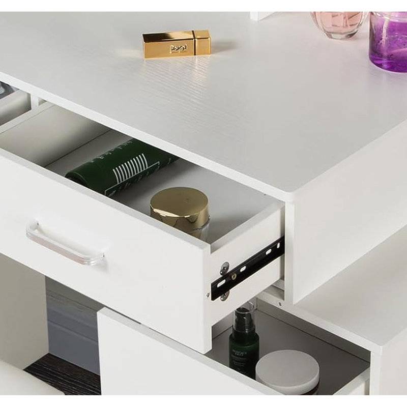 Bureau de maquillage blanc mat avec espace de rangement supplémentaire et tiroir de salle de bain éclairé à DEL