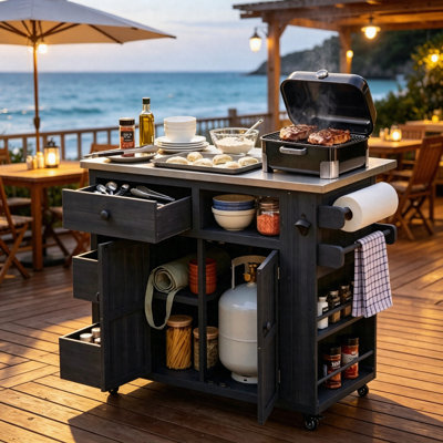 Outdoor Solid Wood Kitchen Island Cart With Extendable Stainless Steel Top, BBQ Grill Table With Drawers, Spice Rack & Storage Cabinet, Rolling Prep Table