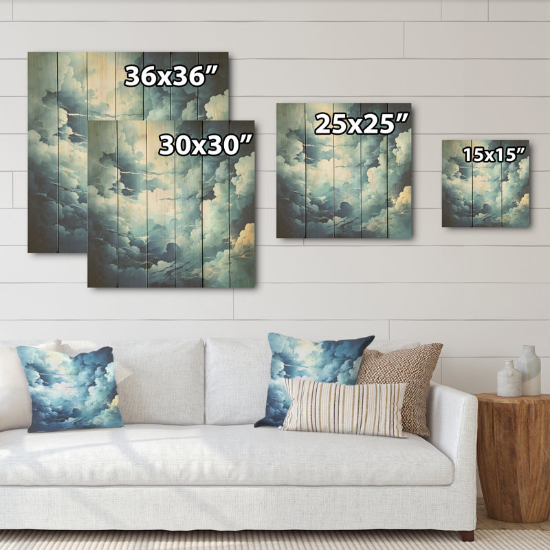 Tempête de nuages bleus et blancs - nuages, art mural sur bois de pin naturel, H 15 po x l 15 po