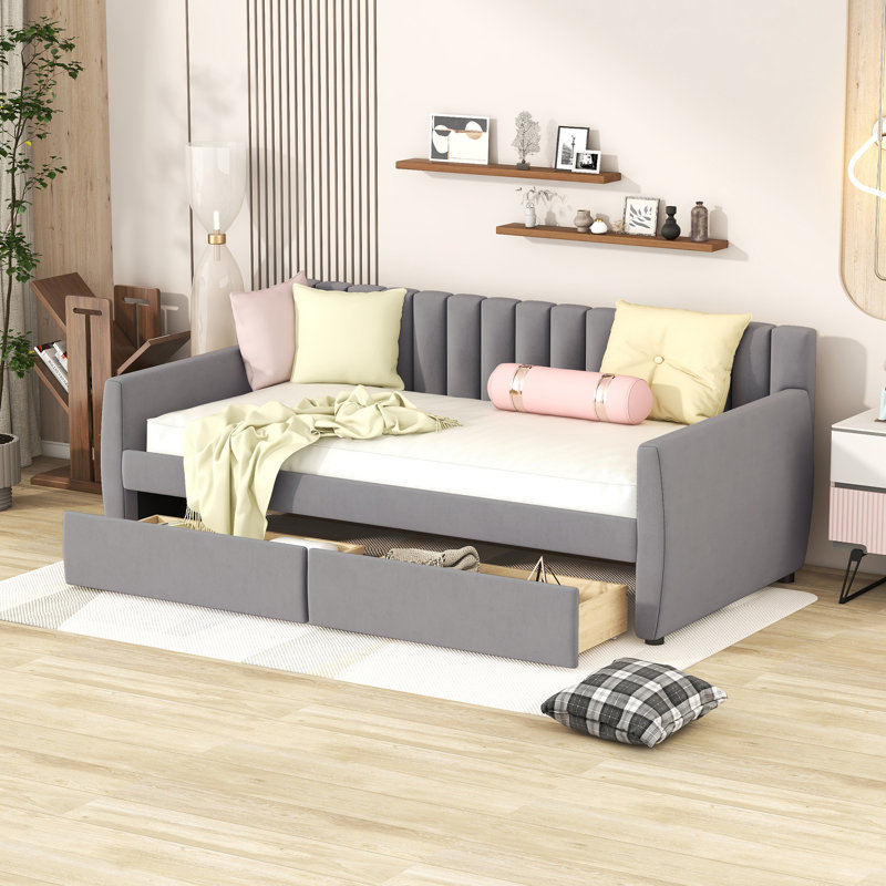 Lit de jour rembourré 2 tiroirs, taille simple, Gris
