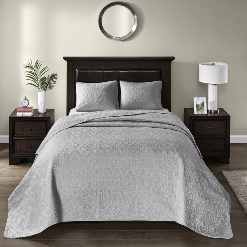 Couvre-lit réversible gris pour grand lit - Matelassage attrayant, surdimensionné, drap de coton pré-lavé, rembourrage de relaxation et 2 taies décoratives lavables à la machine