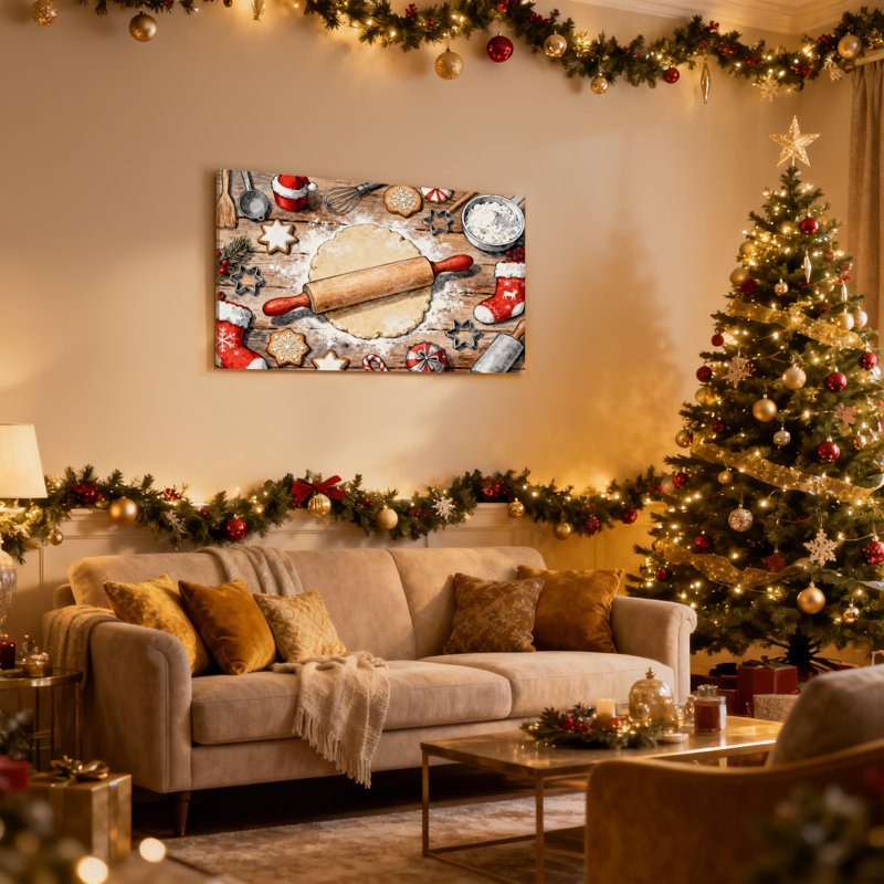 Scène de cuisson de Noël avec rouleau à pâtisserie et biscuits, ensemble de 3 impressions sur toile, H 12 po x l 18 po