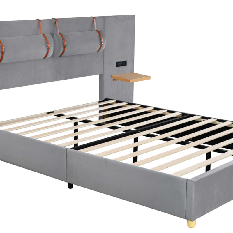 Upholstered Platform Bed,Two Outlets And USB Charging Ports On Both Sides, Two Bedside Pillows, Storage Shelves,Velvet, Gray