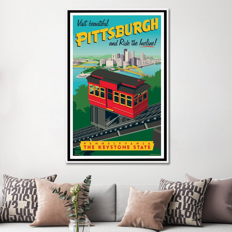 Affiche de voyage inclinée Pittsburgh par Jim Zahniser-impression d’art graphique, Pas de tapis, Toile blanche encadrée
