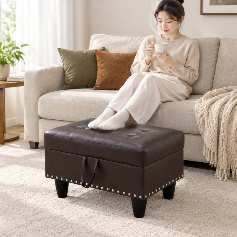 Faux Leather Storage Ottoman Living Room, Brown