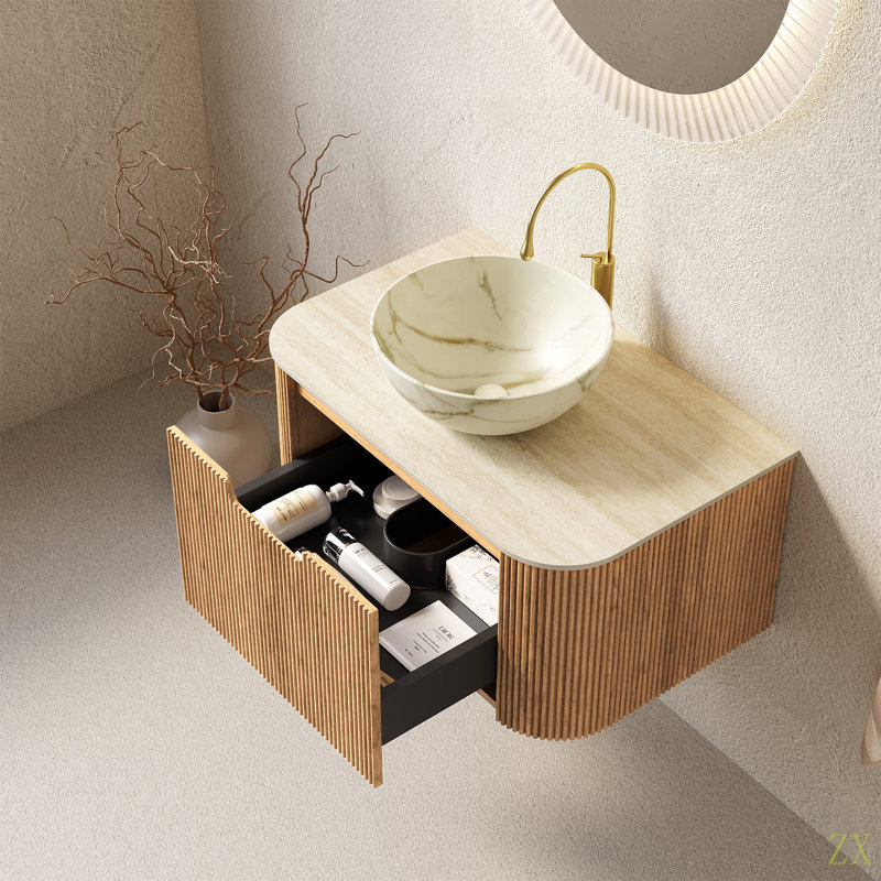 Meuble-lavabo et lavabo pour salle de bain 30 po Dina, armoires de rangement à bordures courbées et flottantes avec tiroir, cuve en céramique mate et plateau en pierre frittée à motif travertin, pré-assemblé