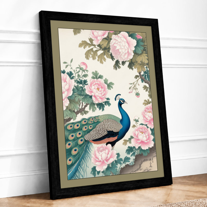 Peacock Among Roses Japandi - Framed Print, A2 - 59.4 x 42.0 cm, Black