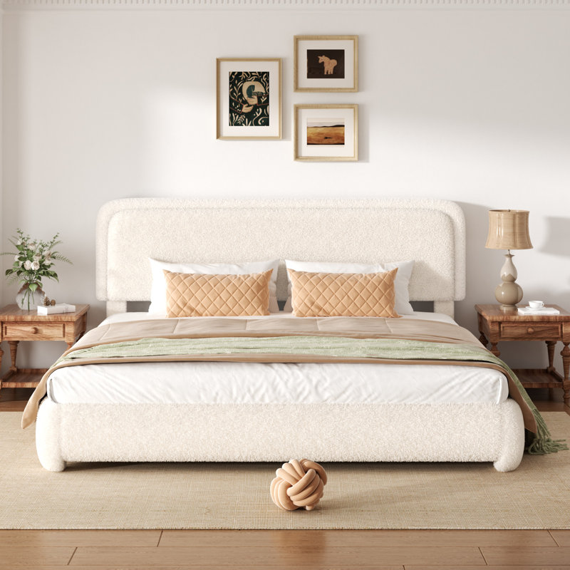Base de lit plateforme tapissier Boucle avec tête de lit réglable et coins arrondis doux, Beige, Très grand lit
