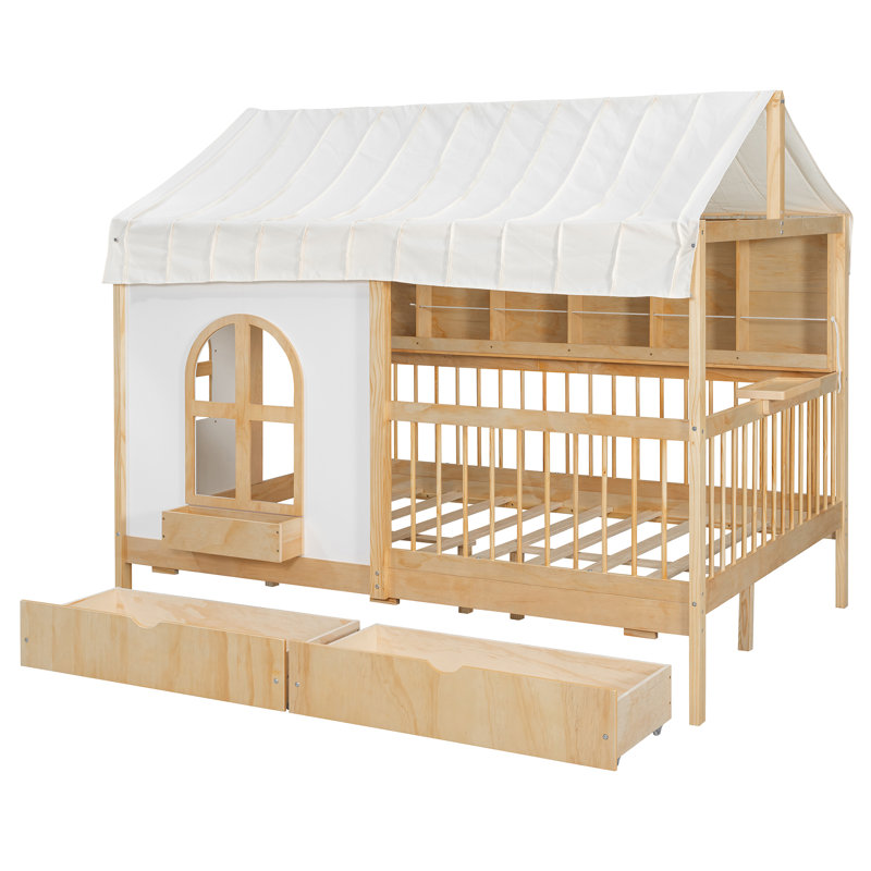 Lit plateforme naturel pour enfants avec tiroirs, bibliothèque latérale et lumière DEL Natural, Naturel