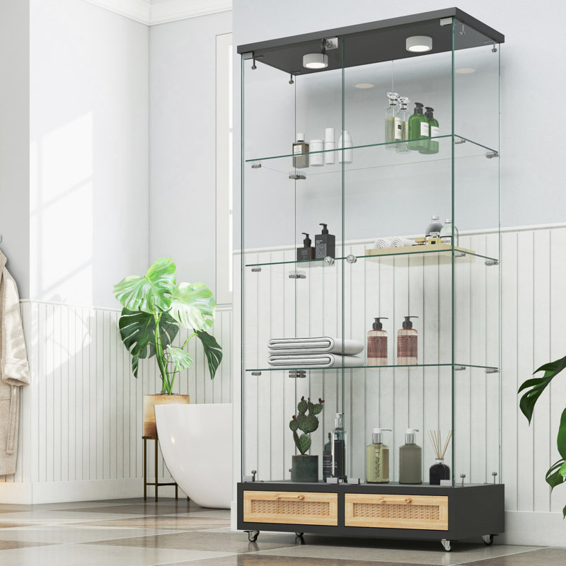 Modern Glass Display Cabinet With Large Drawers,Quick-Assembly Antique Cabinet With LED Lights,Tempered Glass Bookshelf,2-Door Storage Case With 4 Shelves For Living Room And Bedroom,Black And Natural, Sideboard