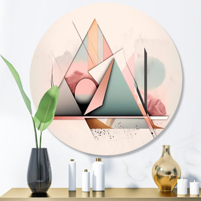 «Mid Century Pastel Mountains I», art mural rond abstrait géométrique sur métal