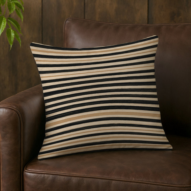 Coussin décoratif horizontal et extérieur à rayures horizontales, Beige clair / gris anthracite, Carré 16 po