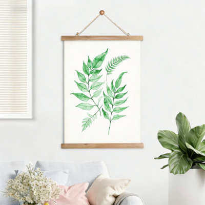 Branche de feuille aquarelle, art mural à volutes suspendues, cintre en bois intégré, 16 x 24
