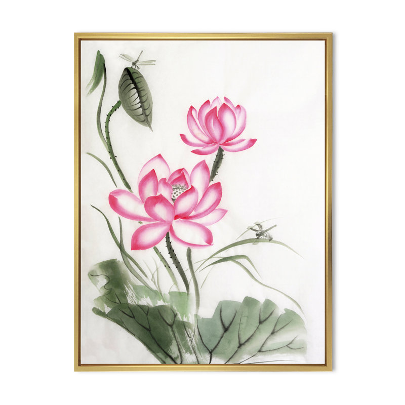Lotus et la libellule I - reproduction sur toile, H 32 po x l 24 po x P 1 po, Toile encadrée d'or