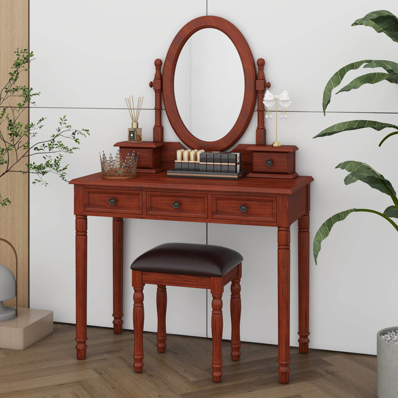 Ensemble de coiffeuse avec miroir à angle réglable, table de maquillage rétro et tabouret rembourré avec doublure en velours 5 tiroirs
