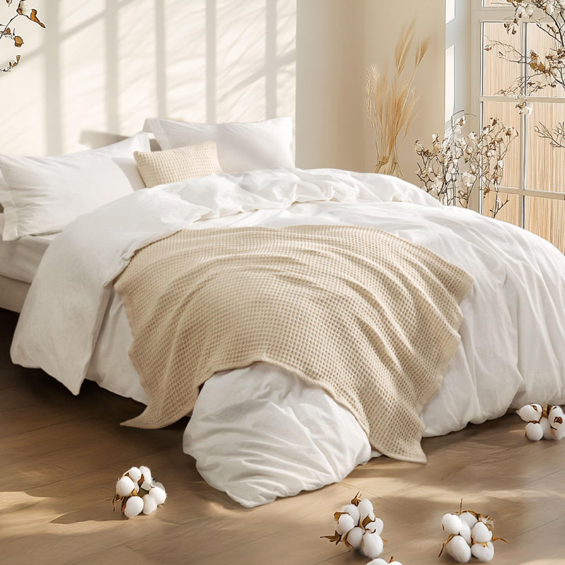 Édredon en coton avec jeté de lit et coussin décoratif, ensembles d'édredon Literie, Blanc