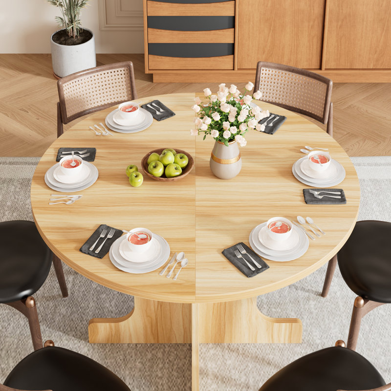 Table de salle à manger extensible ronde 43 "avec rangement caché, sièges 6-8, Bois de chêne / ivoire