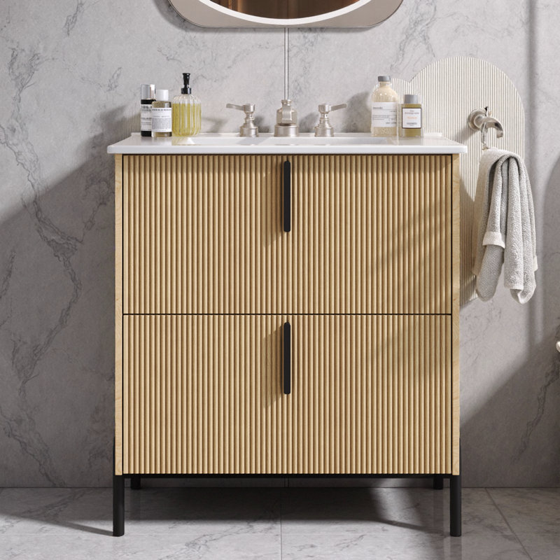 Meuble-lavabo de salle de bain cannelé 30 po avec tiroirs à fermeture en douceur et lavabo en céramique, Naturel