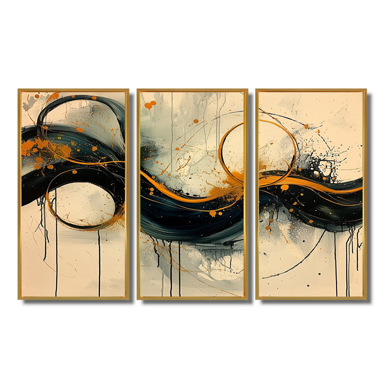 Spirale de jeu optique dorée noire III - Constructivisme, art mural grand - 3 pièces, H 40 po x l 60 po, Doré