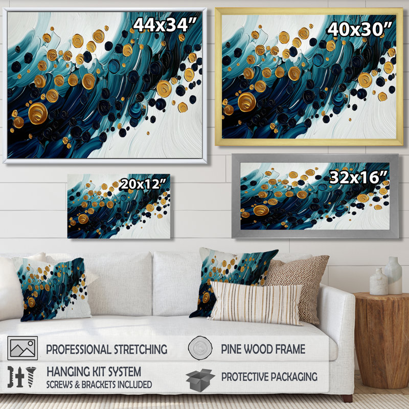 Abstrait aqua abstrait de l'océan II - art mural abstrait grand, Cadre simple, H 12 po x l 20 po, Doré