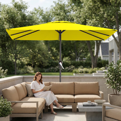 8×10FT Solar LED All-Steel Rectangular Patio Umbrella, UPF 50+ UV Protection, Crank Handle, 8 Heavy Duty Ribs, Outdoor Market Umbrella for Garden, Pool, Backyard, Yellow