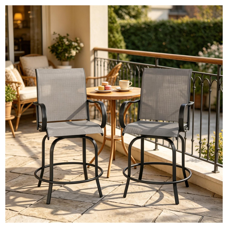 Tabourets de bar pivotants d'extérieur avec sièges en filet respirant, ensemble de 2 chaises de patio en acier gris