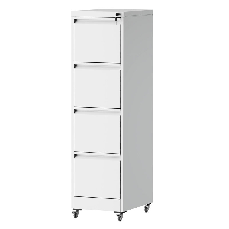 4 Drawer Lockable Metal File Cabinet On Wheels, For Home And Office, Flexible Storage With Adjustable Bar, Steel - Bearing Suspension, Finish White Metal, Tilt System, Easy Assembly, Full Extension