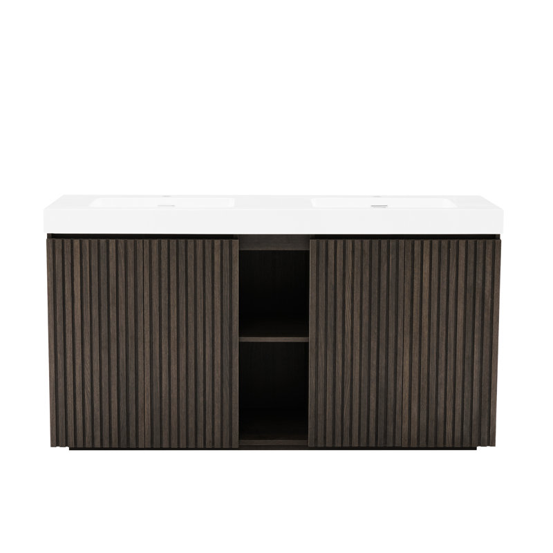 Chêne fumé, meuble-lavabo, lavabo double, surface à eau, lattes de bois, armoire à double porte avec rangement intelligent, rangement spacieux, charnières à fermeture en douceur, design moderne