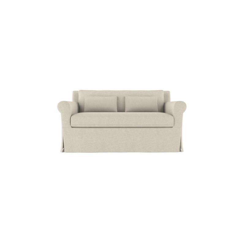 Ludlow Rolled-Arm Skirted Loveseat, Box Weave Linen Pumice, 34" H x 60" W x 38" D, Weathered