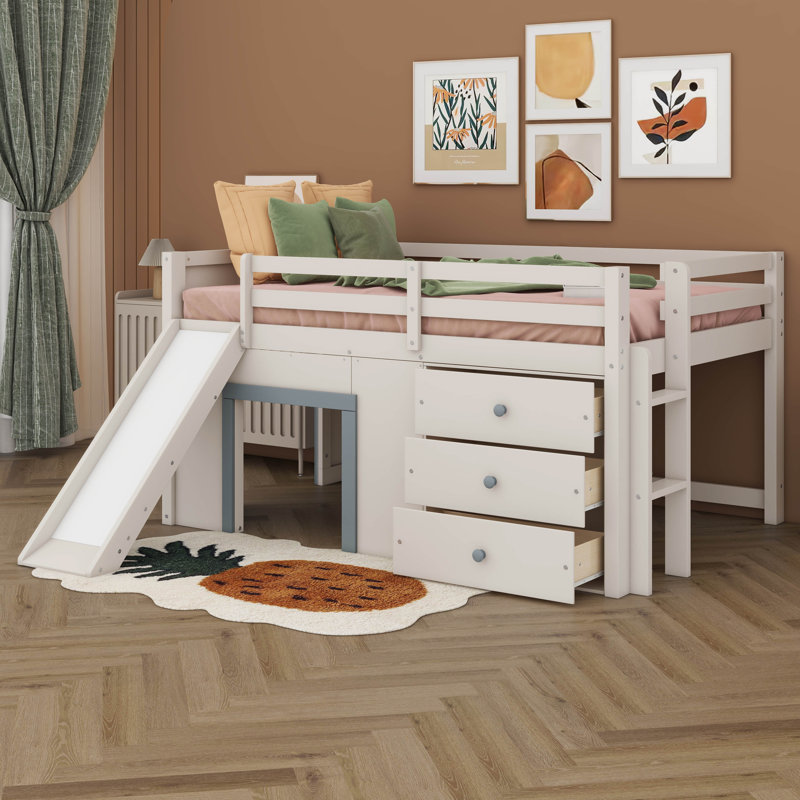 Lit mezzanine double pleine grandeur avec glissade, cadre de lit en bois avec trois tiroirs de rangement et deux portes pour enfants, garçons et filles