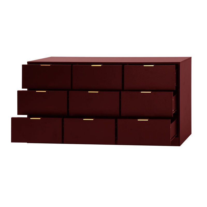 Commode 9 tiroirs, commode large en bois, Rouge