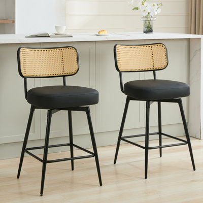Swivel Upholstered Counter Stools With Rattan Back