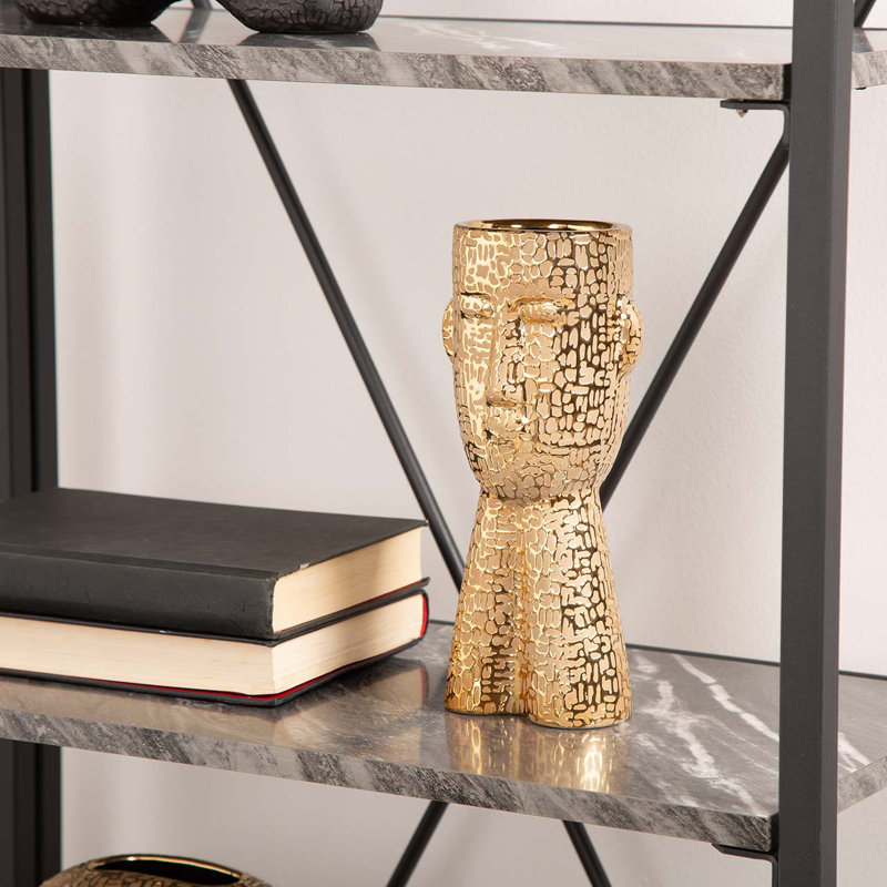 Textured Ceramic Vase for the Living Room, Face Design Decorative Vase, 24.5cm H x 11cm W x 10cm D, Gold