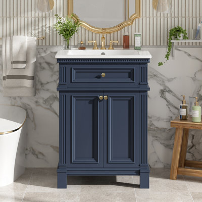 Armoire de salle de bain 24 po avec portes à fermeture douce et tablette réglable, meuble-lavabo avec lavabo en céramique