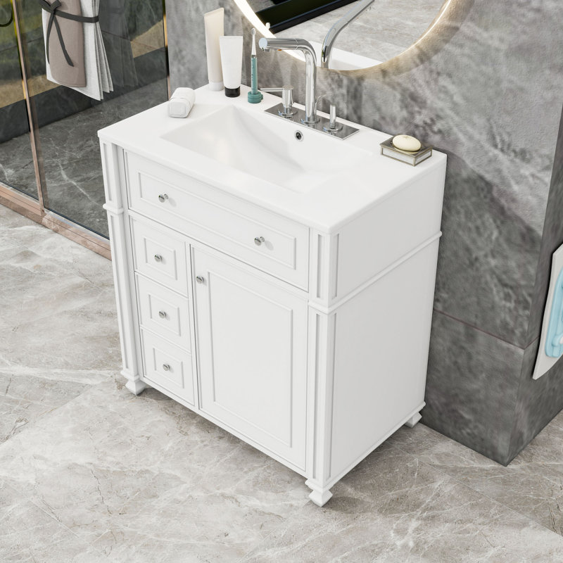 Meuble-lavabo de salle de bain avec lavabo en céramique, tiroirs de rangement et tablette réglable, 30"