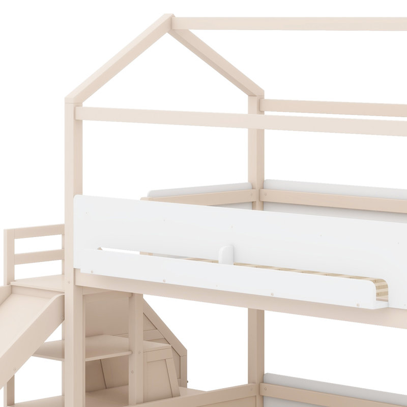 Structure de lit superposé avec glissade et escalier de rangement intégré Playful House, Beige et blanc