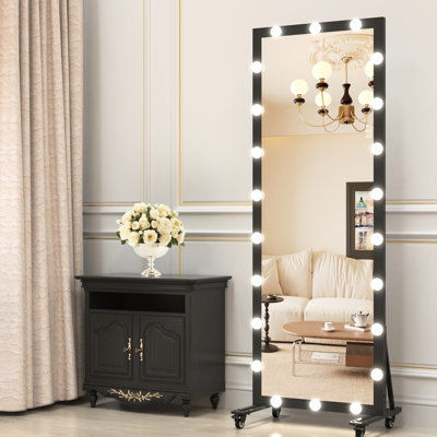 Miroir de salle de bain complet avec lumières, 63 x 24 x 1 pouce, 3 couleurs et luminosité, fixé au mur ou debout, cadre en aluminium noir, idéal pour la salle de bain dans la chambre à coucher, plancher éclairé de 63 x 24 pouces, commande tactile,