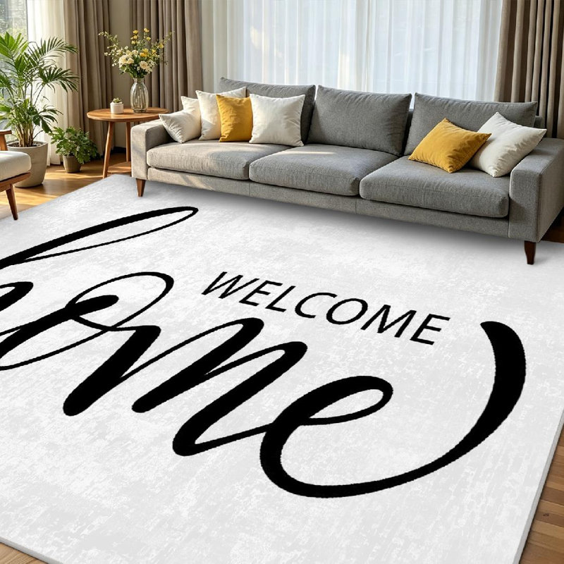 Tapis d'intérieur noir à motif de pinceau dessiné et brossé Welcome Home, Rectangle 79" x 118"