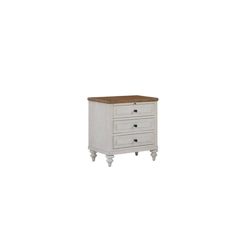 Table de chevet avec 3 tiroirs et finition ciment sable, placage fabriqué, plateau doublé de feutre pour les articles délicats, fraîcheur du bas, plateau coulissant, design élégant, bois massif blanc +, profondeur 28 po, largeur 17 po
