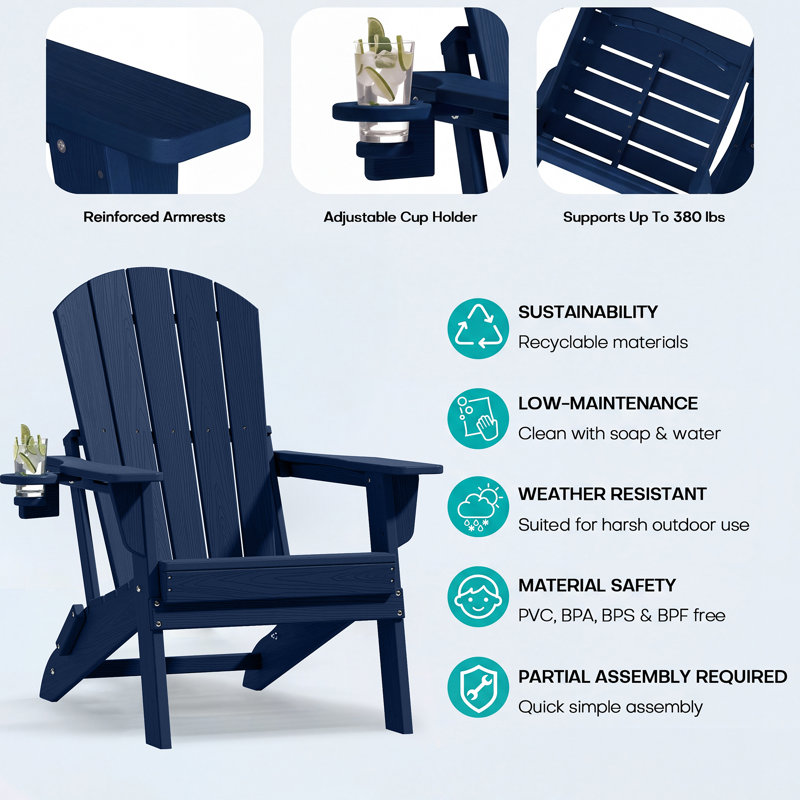 6-Piece Folding Adirondack Chair Set – All-Weather HDPE Outdoor Lounge Chairs with Cup Holders, Classic Firepit Seating for Patio, Backyard, Deck, or Garden