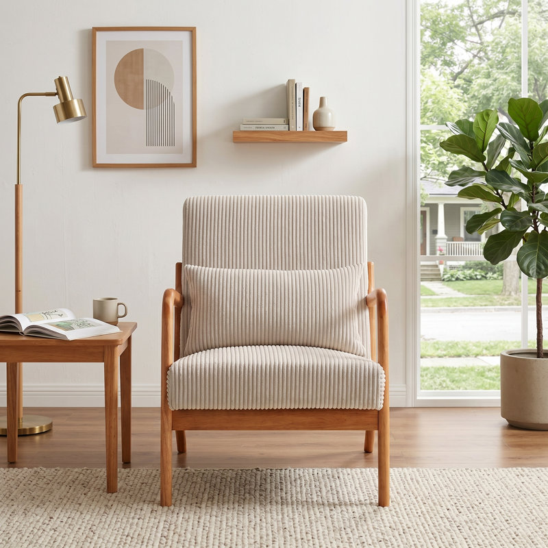 Chaise d'appoint Mid-Century moderne en bois d'hévéa avec coussin lombaire, Blanc, Brun